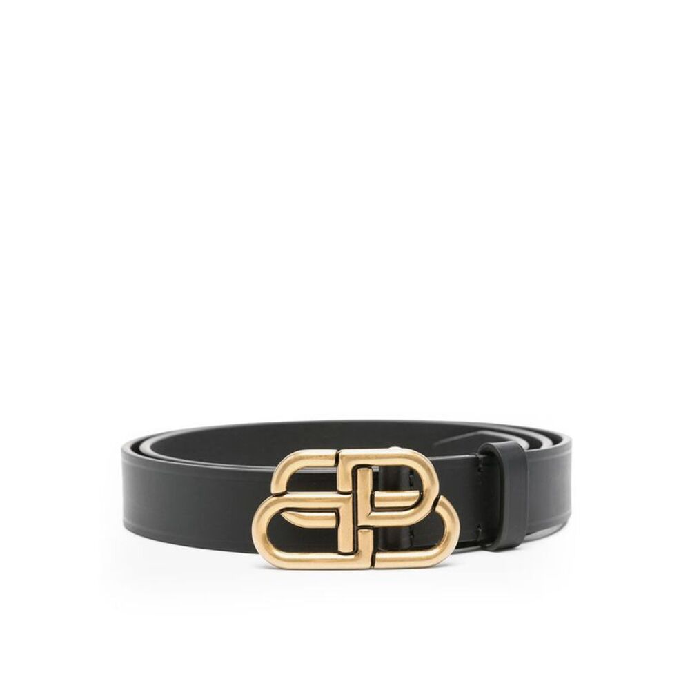 Balenciaga Women Slim Bb Belt In Black Calfskin With Antique Gold-Tone Hardware